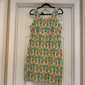 Talbots parrot/birds Sleeveless Dress zip up green & orange animal print